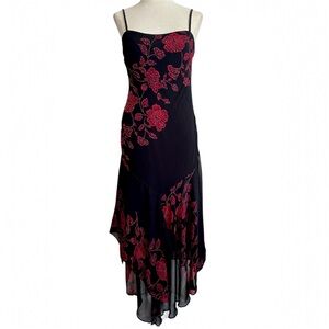Vintage Eva Blue Bias Cut Dress Dark Fairy Black With Red Roses Beaded Medium
